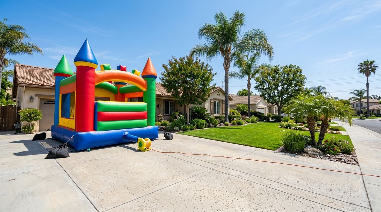 A bounce house set up and anchored on a Moreno Valley driveway