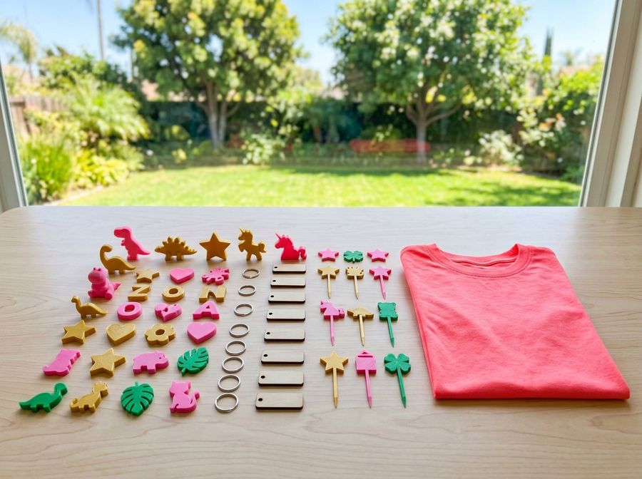 3D printed party favors, cake toppers and keychains laid out on a table