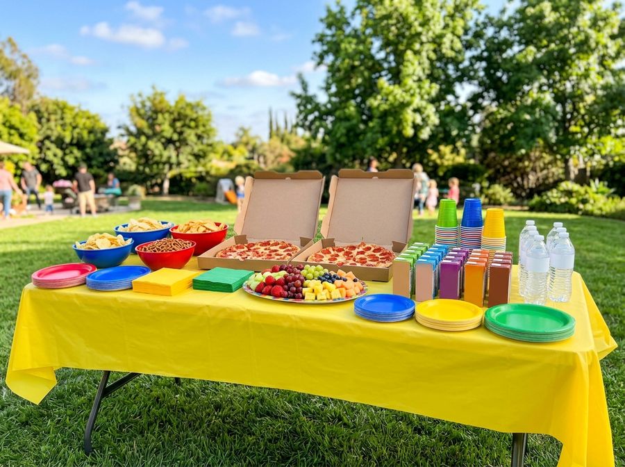 Pizza, fruit, snacks and drinks laid out on a party table