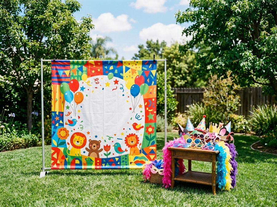 A kids party photo booth backdrop with props and hats on a table