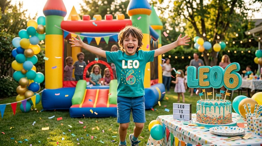 A boy in a custom birthday shirt cheering in front of a bounce house, with a matching 3D-printed cake topper