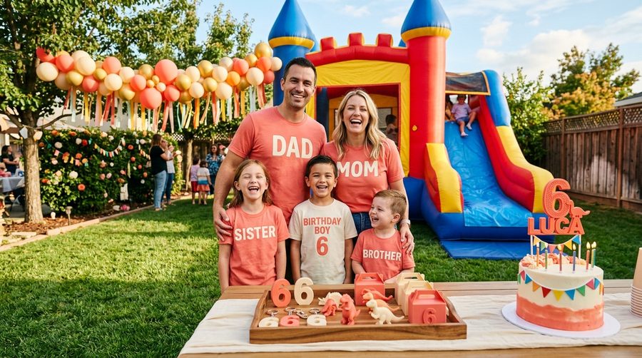 A family of five in matching custom birthday shirts in front of a castle combo bounce house with 3D-printed favors on the table