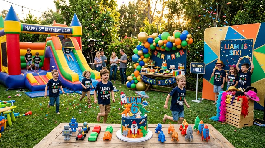 A full backyard birthday party with a bounce house, photo booth, matching shirts and a table of 3D-printed toys and favors