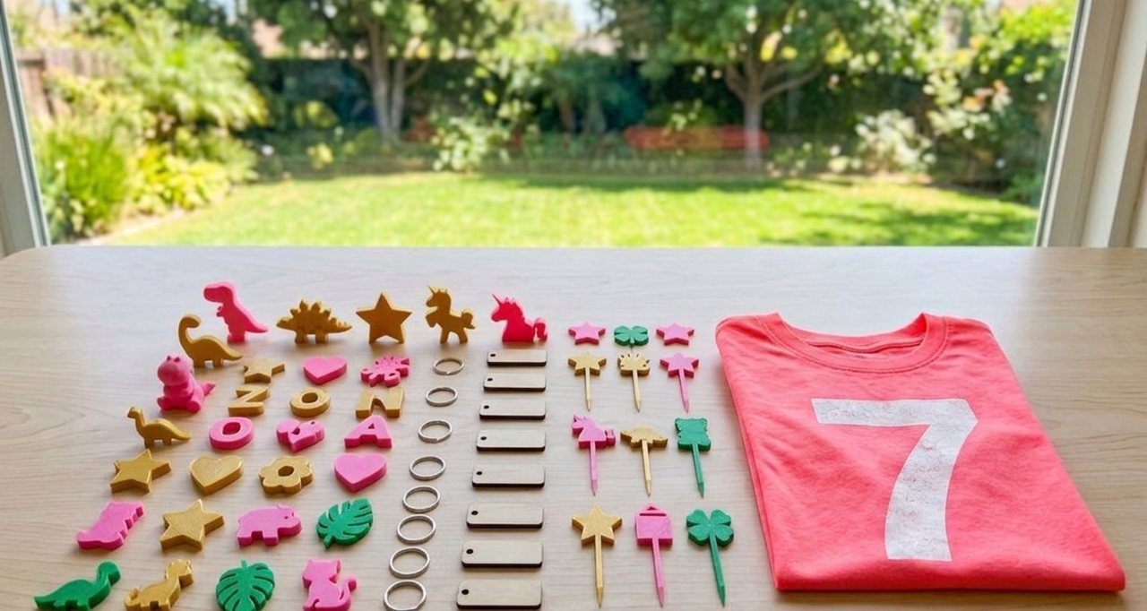 A coral birthday shirt printed with a large white number 7, folded on a table beside rows of 3D-printed party favors