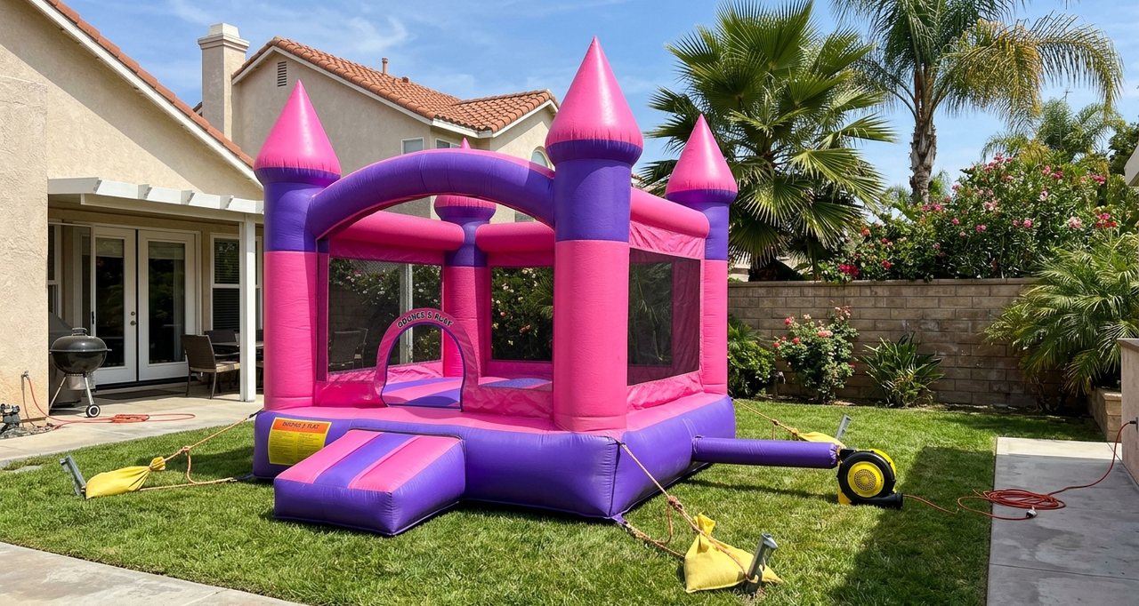 A pink and purple bounce castle inflated and anchored on a back lawn, sandbags and stakes at the corners and the blower running