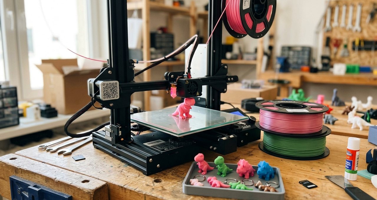 A desktop 3D printer part way through printing a small pink dinosaur, with filament spools and a tray of finished keychain favors