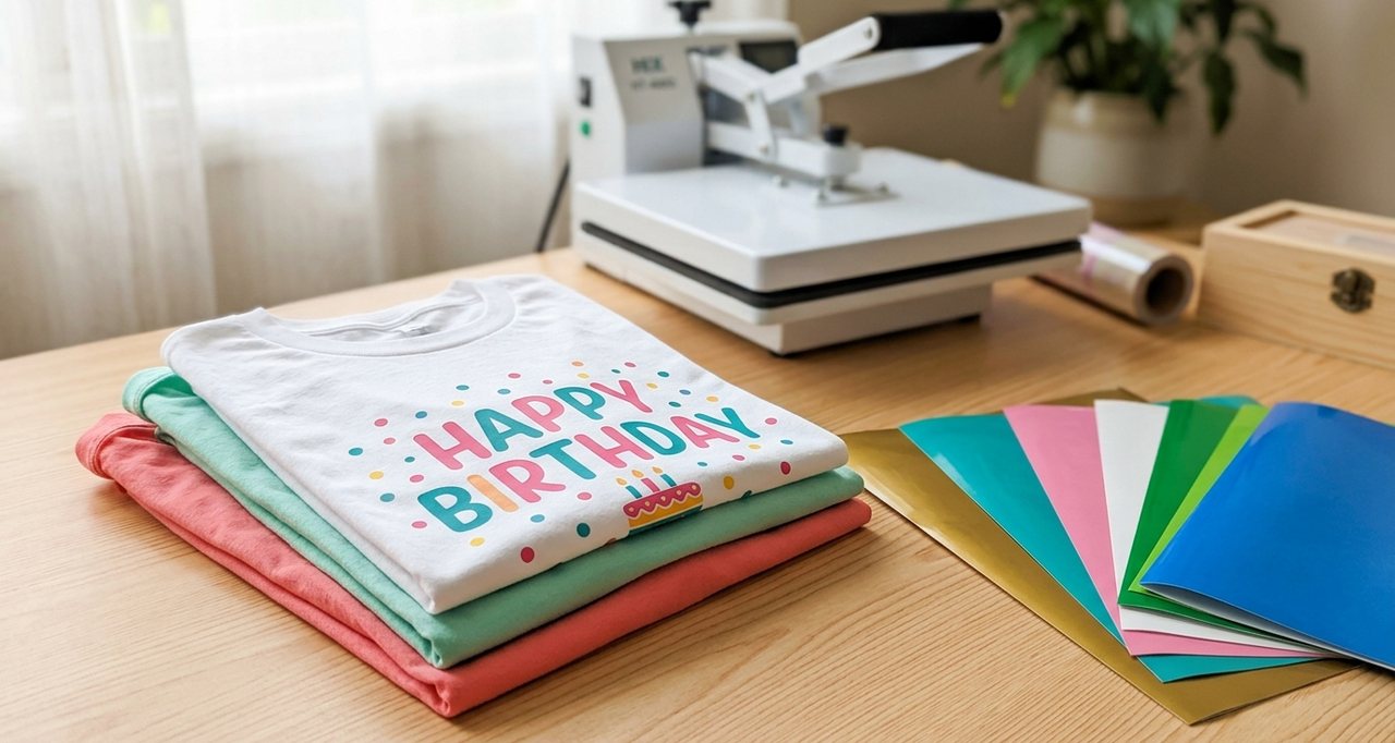 Three folded custom printed shirts in coral, mint and white beside a fan of heat transfer vinyl sheets