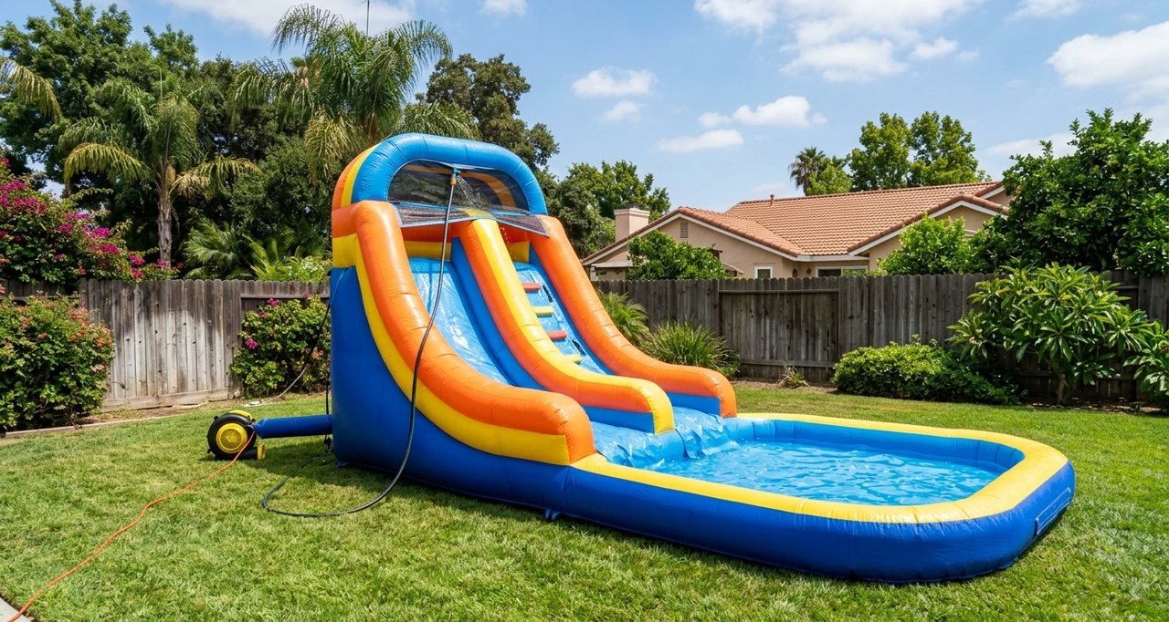 An inflatable water slide with a splash pool set up on backyard grass, hose running to the top and the blower and cord along the edge