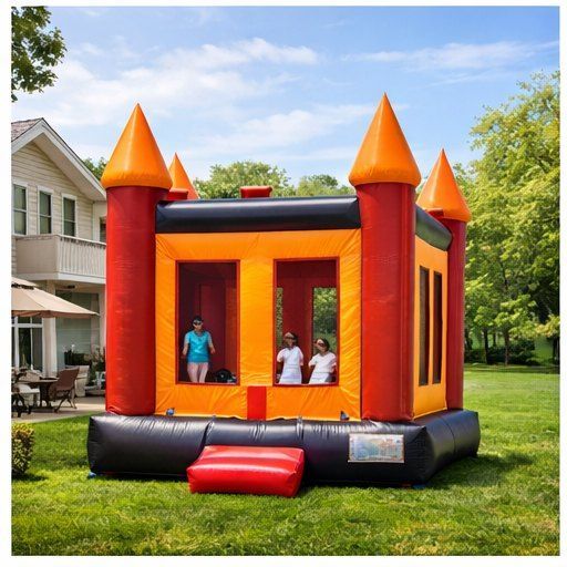 Orange and blue bounce castle on grass